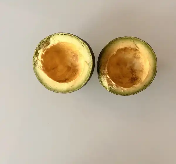 Two avocado halves with the flesh scooped out, on a pale grey surface
